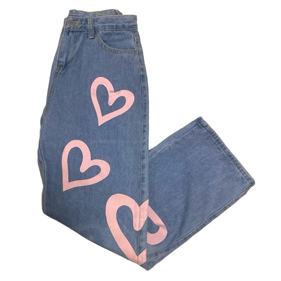 Colorful Natalie Women’s High Waisted Y2K Anime Heart Printed Jeans Size M Baggy - Picture 7 of 13